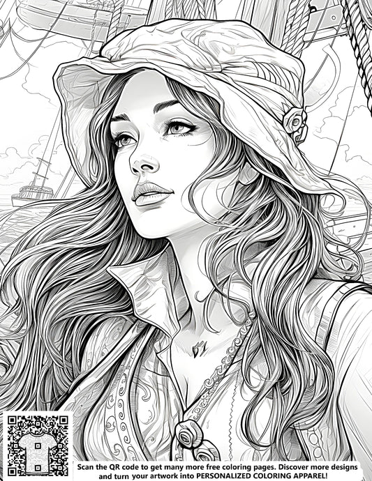 FREE Female Pirate Coloring Page - Highly Detailed Black and White Drawing - Printable Download