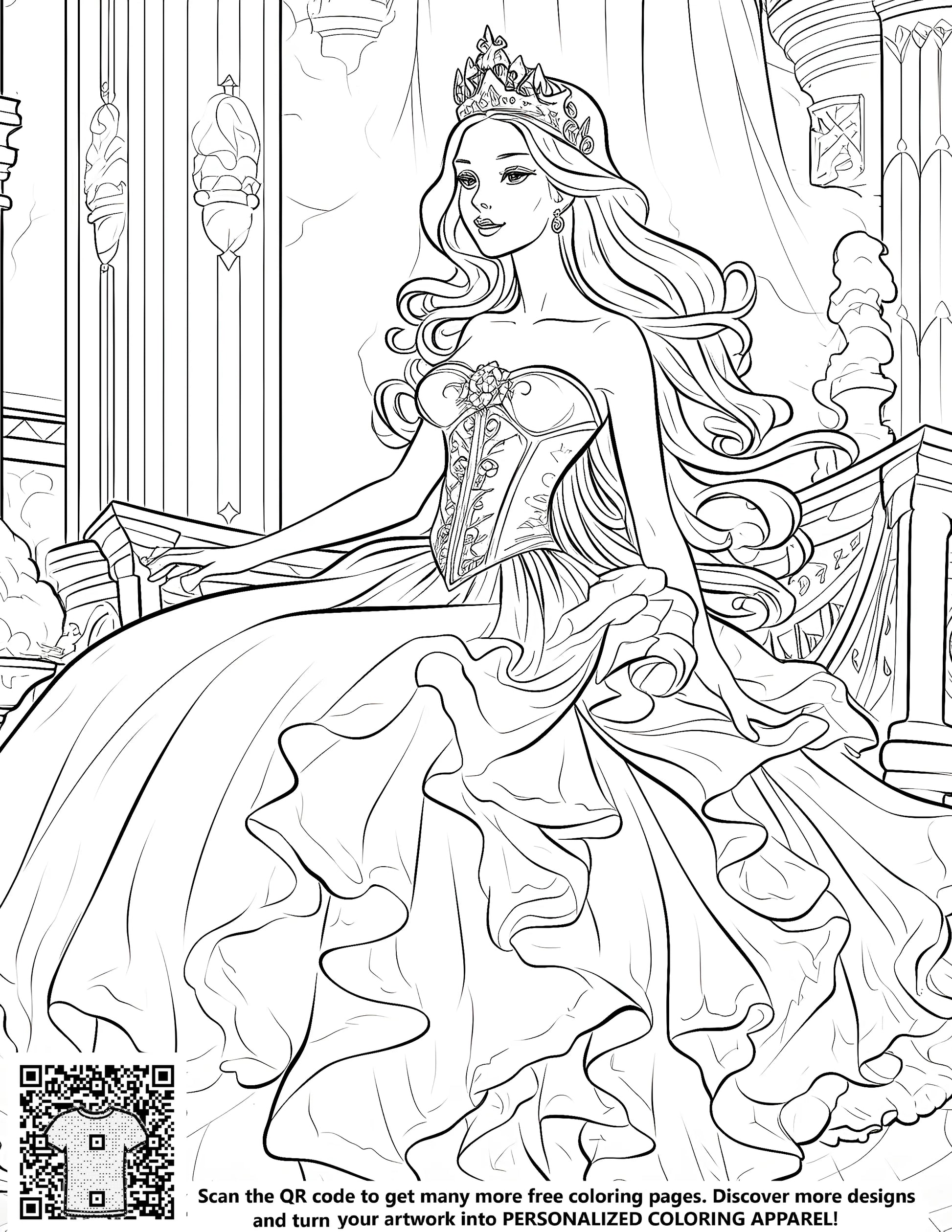 Royal Princess coloring page illustration of a regal young girl in a detailed gown and tiara standing on a palace staircase, perfect for kids and adults
