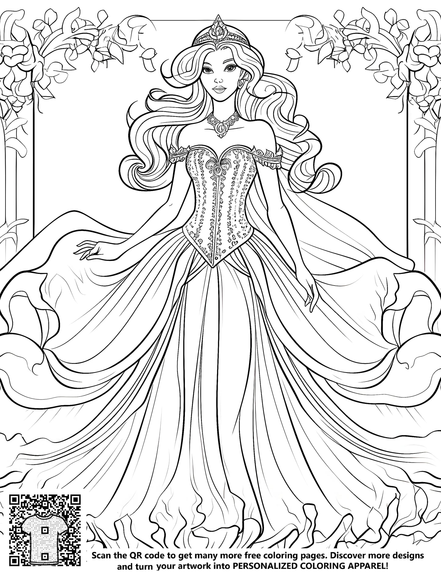 FREE Princess Coloring Page - Elegant Gown and Tiara - Printable Download