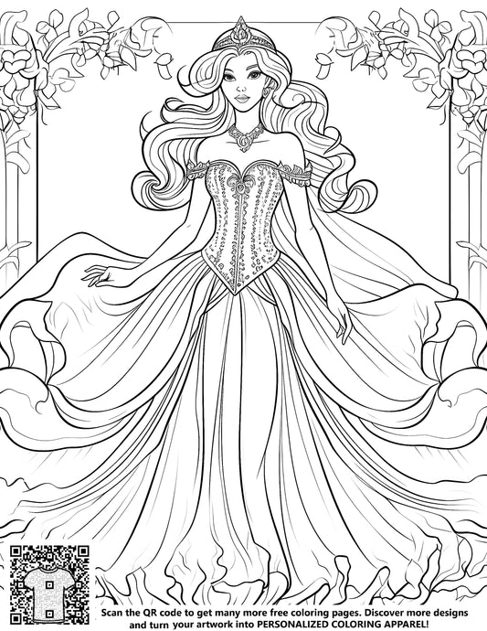 FREE Princess Coloring Page - Elegant Gown and Tiara - Printable Download