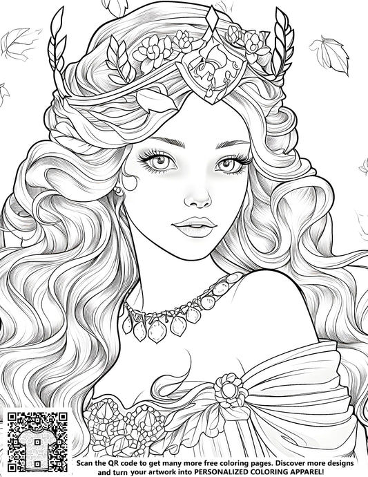 FREE Princess Coloring Page - Detailed Line Art with Floral Crown and Elegant Dress - Download NOW