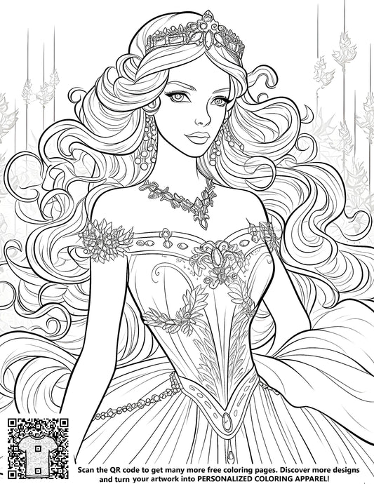 FREE Elegant Princess Coloring Page - Printable Fantasy Download