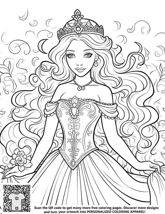 Free coloring page featuring a princess with a crown, elegant gown, and long flowing hair, surrounded by floral patterns. Perfect for kids and adults alike.