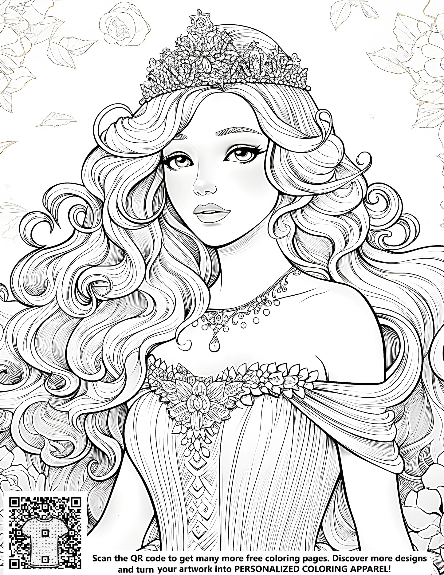 FREE Princess Coloring Page - Download NOW Elegant Floral Crown and Dress