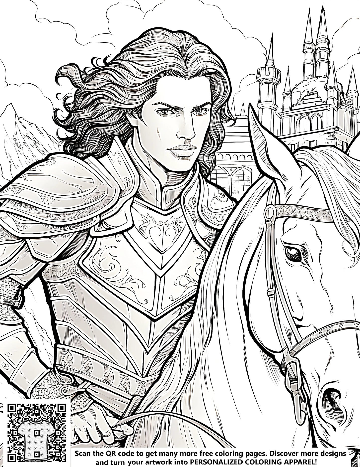 Coloring page of knight in armor riding horse, set against castle and mountains. Includes detailed line art illustration for coloring.