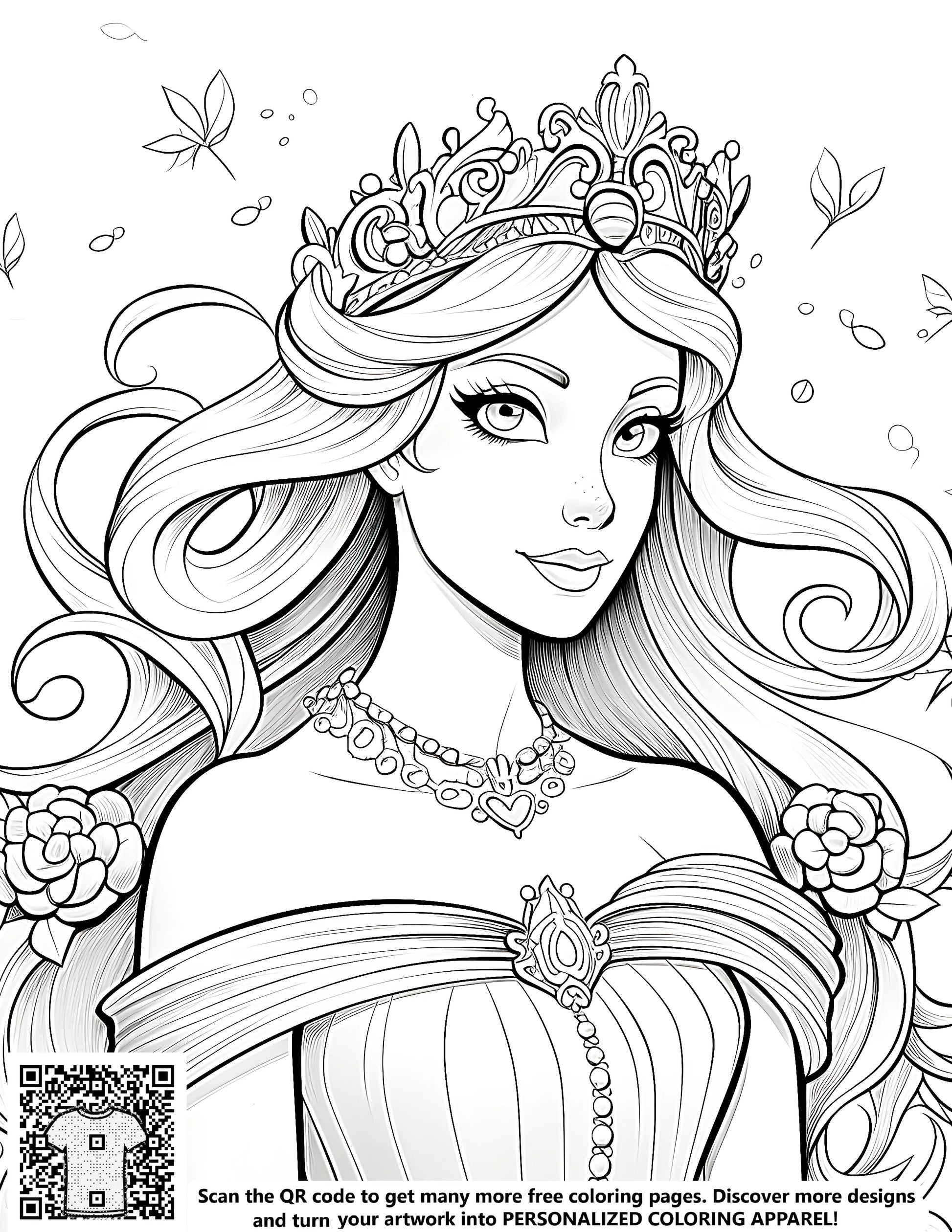 Free princess coloring page with crown, long hair, flowers and jewels for kids and adults
