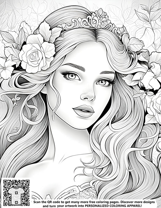 FREE Princess Coloring Page - Detailed Line Art with Tiara and Flowers - Download NOW