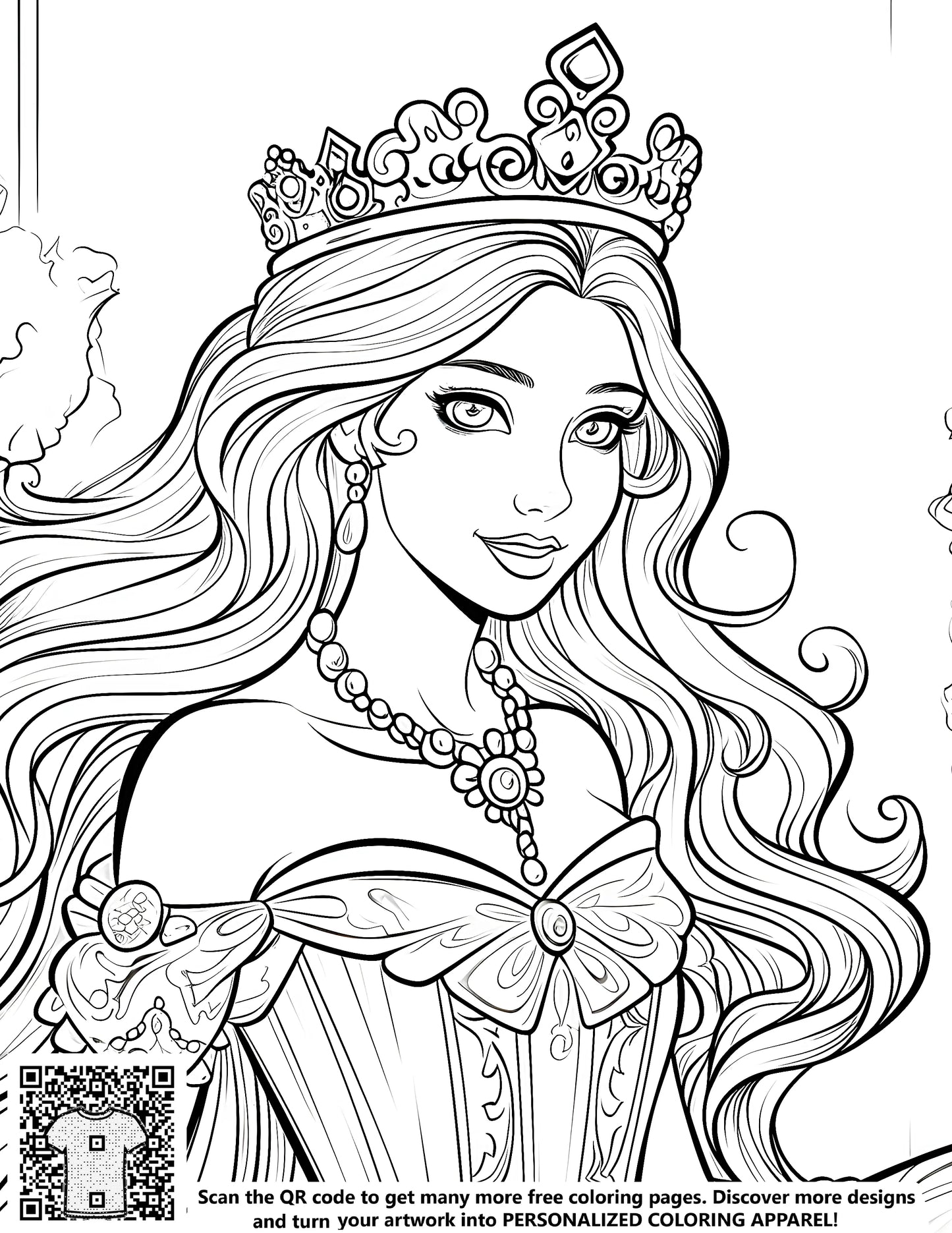 A beautiful, detailed coloring page of a royal girl princess with a crown and fancy dress. Perfect for kids.