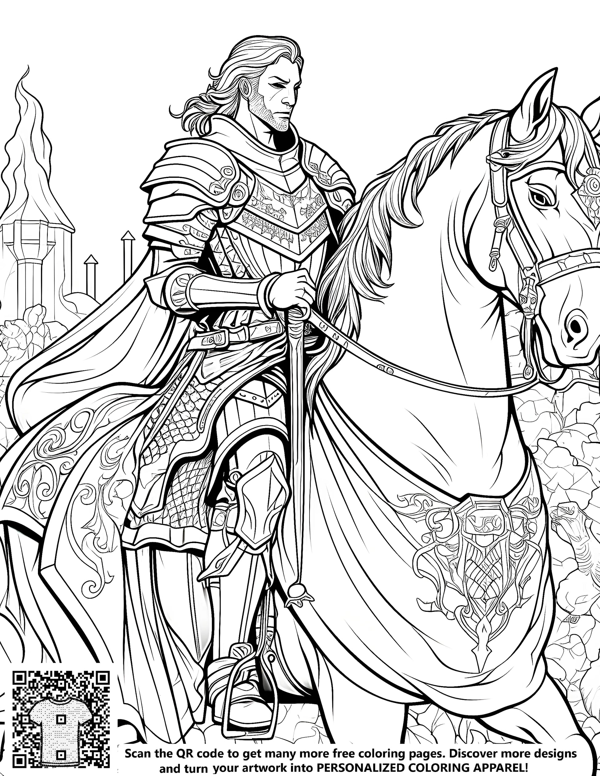 Coloring page of knight riding horse in front of castle, free coloring kit with markers