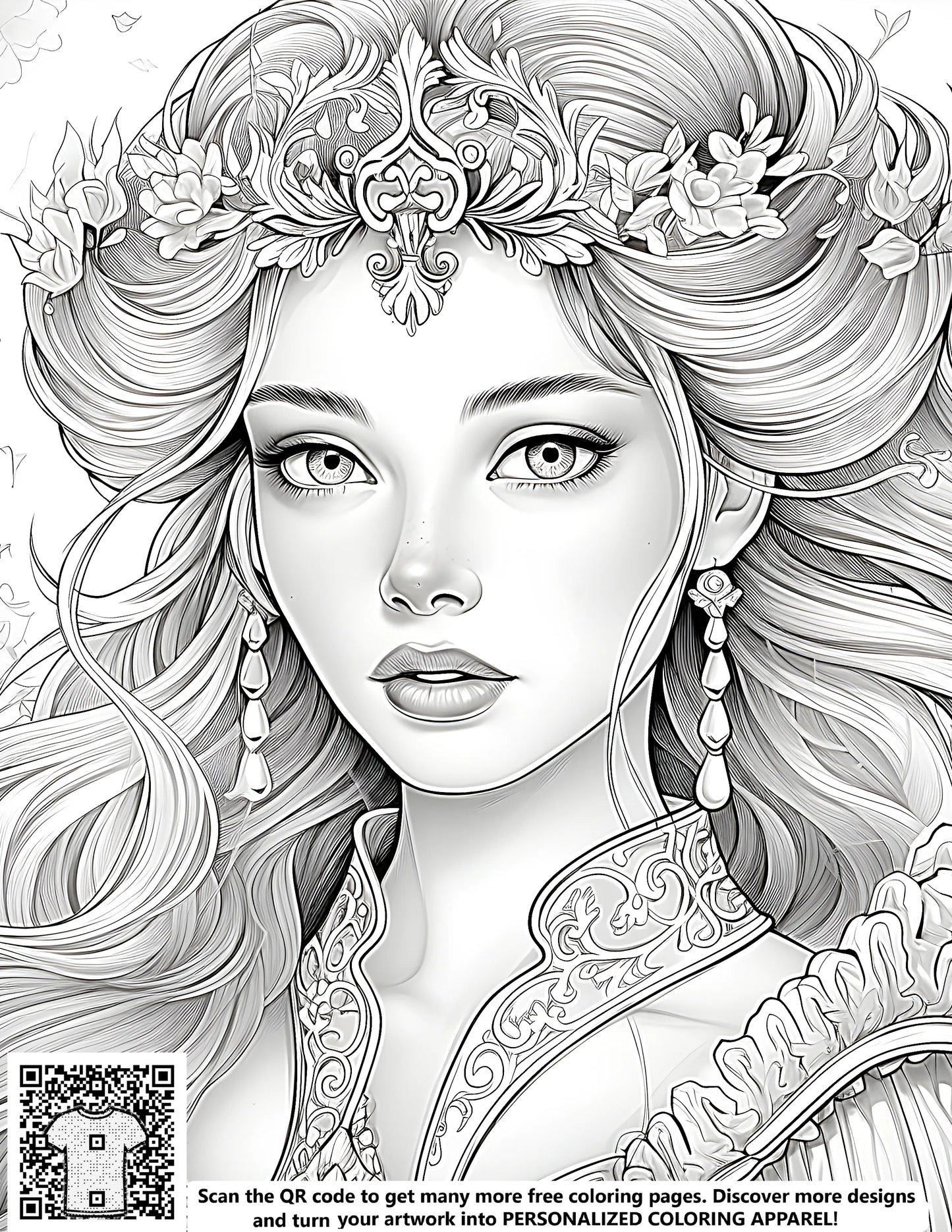 Princess coloring page illustration, free princess portrait print, royalty theme craft supplies