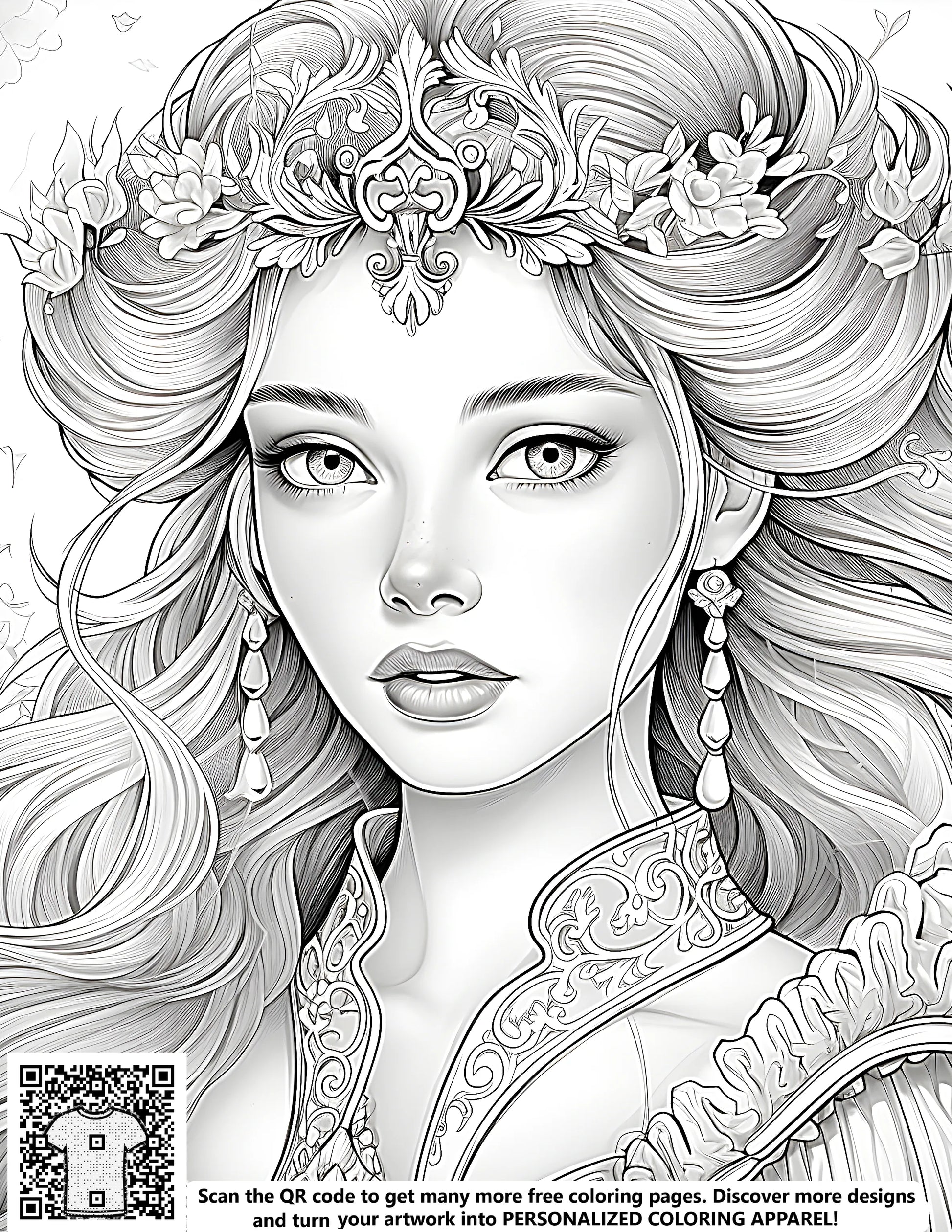 Princess coloring page illustration, free princess portrait print, royalty theme craft supplies