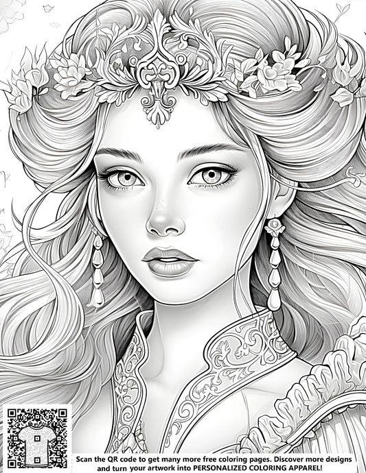 FREE Princess Coloring Page - Elegant Floral Crown and Ornate Dress - Printable Download