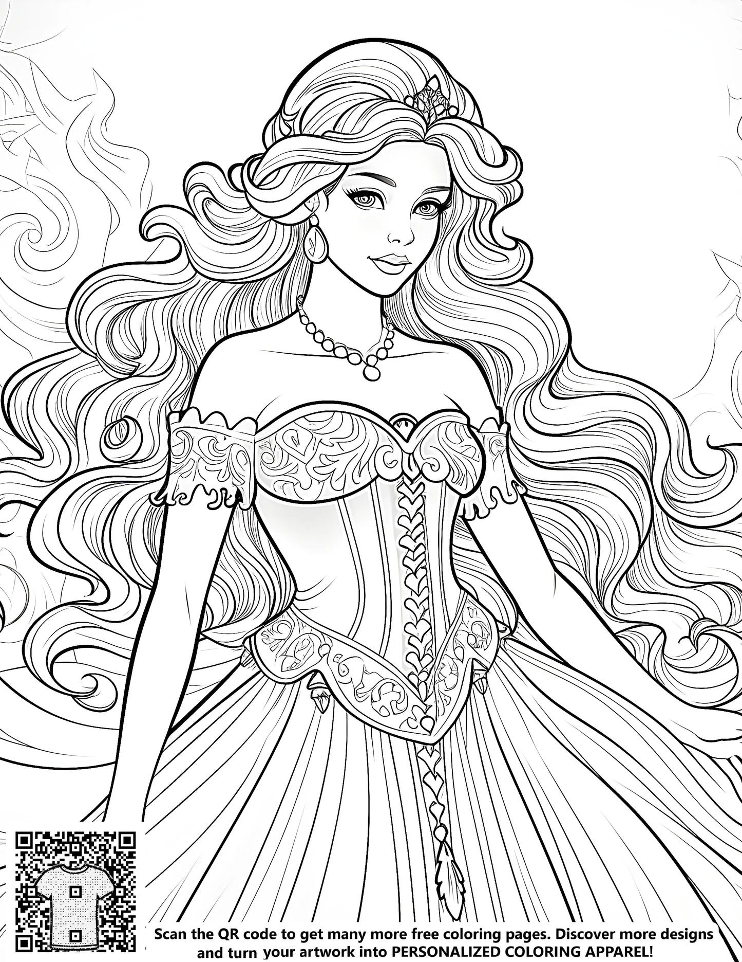 Coloring page of a royal princess with tiara and gown