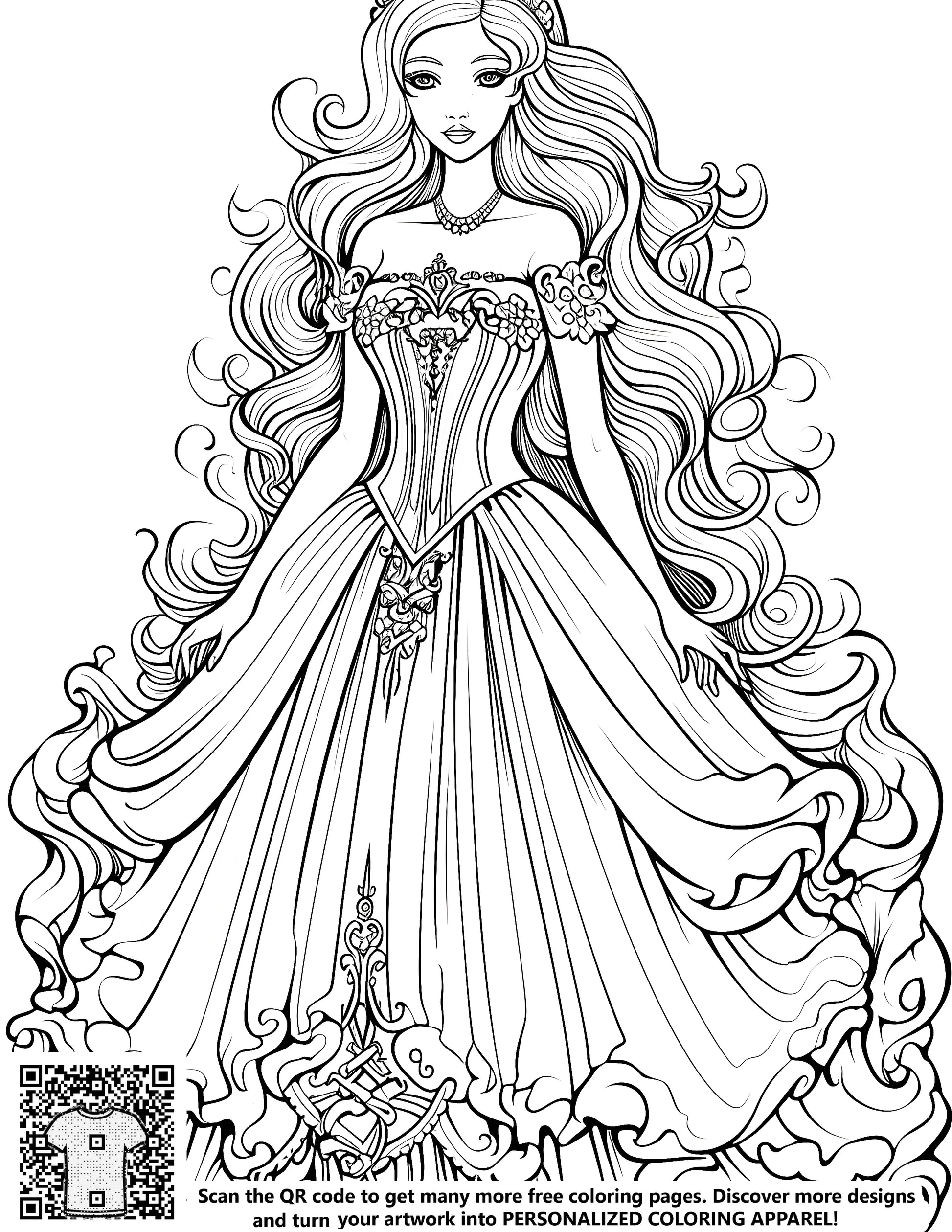 Detailed princess illustration in elegant gown, tiara, and flowing hair - free coloring page