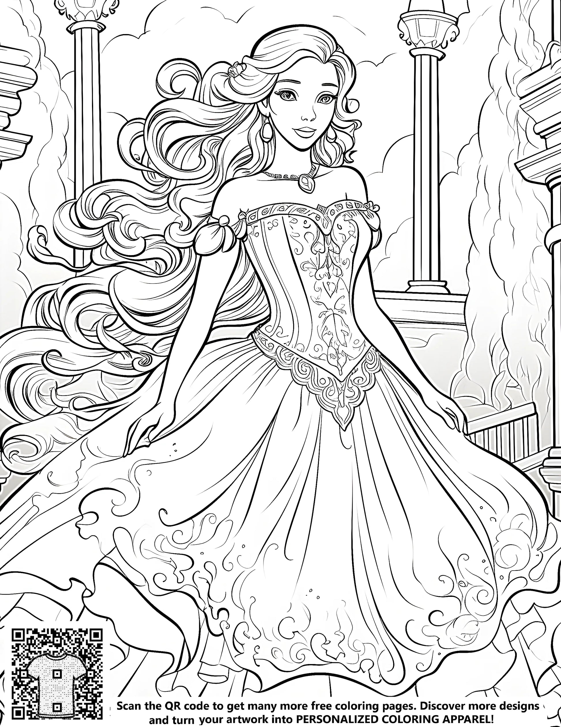 A colorful Free Coloring Page featuring an elegant princess in a beautiful gown