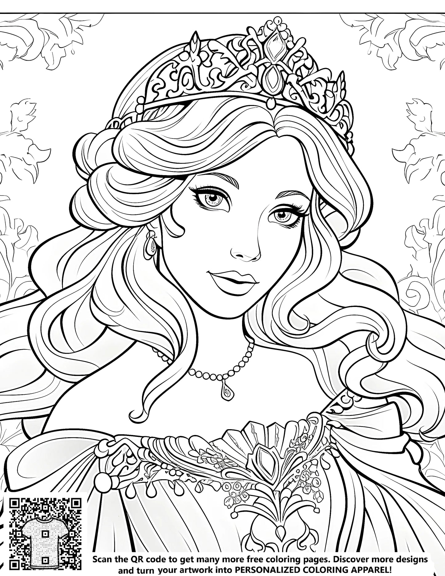 FREE Princess Coloring Page - Elegant Gown and Floral Backdrop - Download NOW