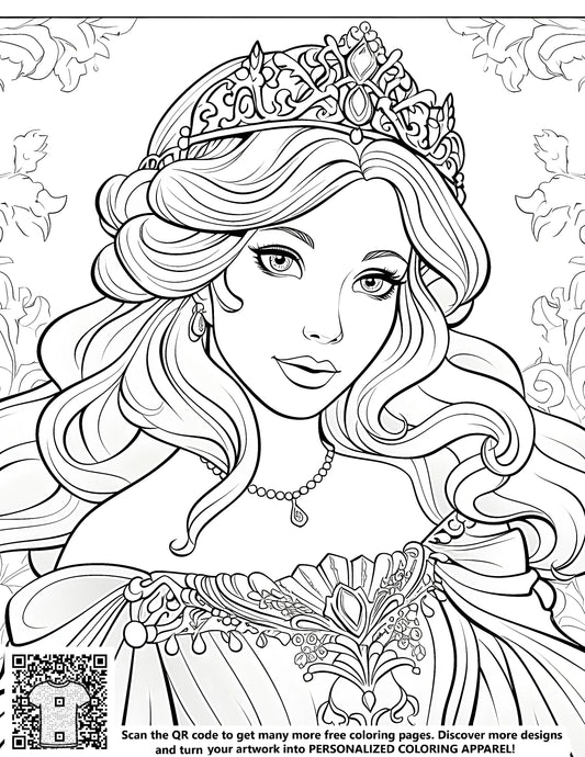 FREE Princess Coloring Page - Elegant Gown and Floral Backdrop - Download NOW