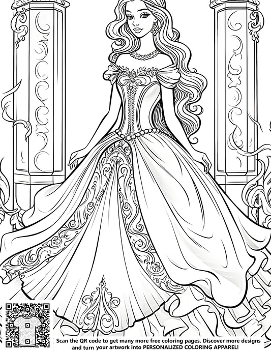 FREE Princess Coloring Page - Elegant Gown and Ornate Columns Printable