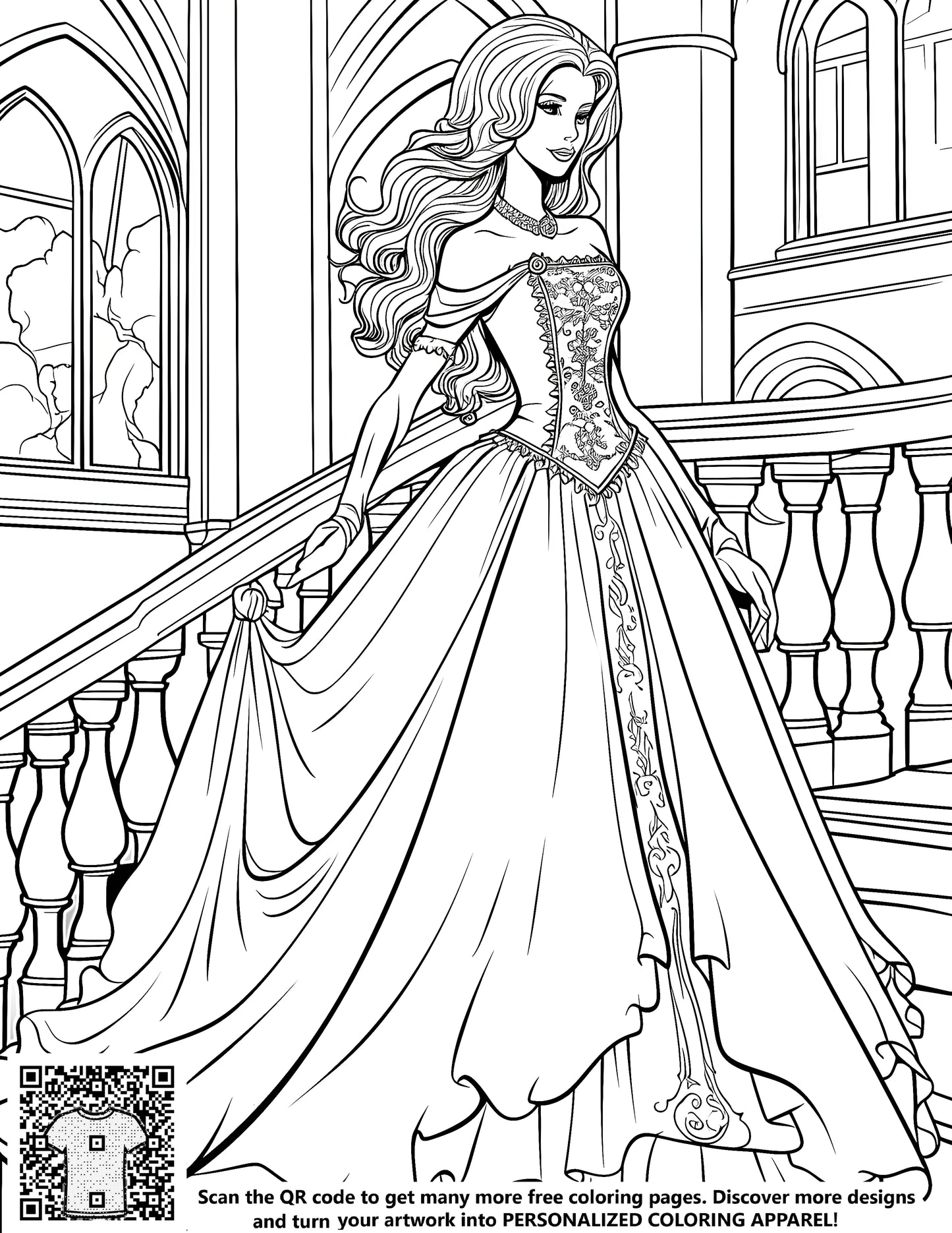 FREE Princess Coloring Page - Elegant Castle Staircase Printable Download