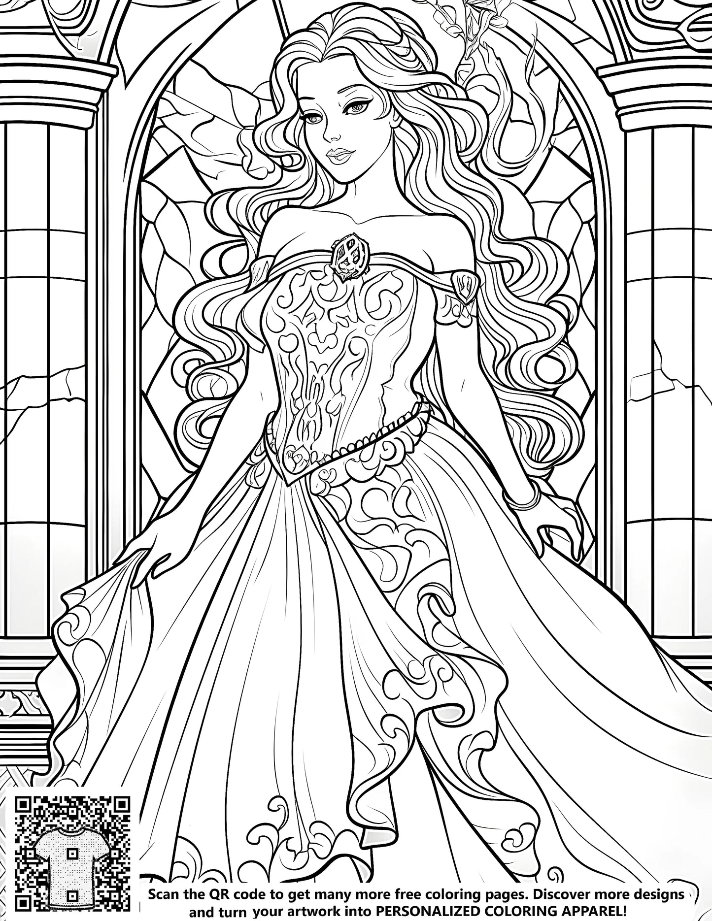 Princess coloring book page, free printable princess picture, elegant princess illustrations