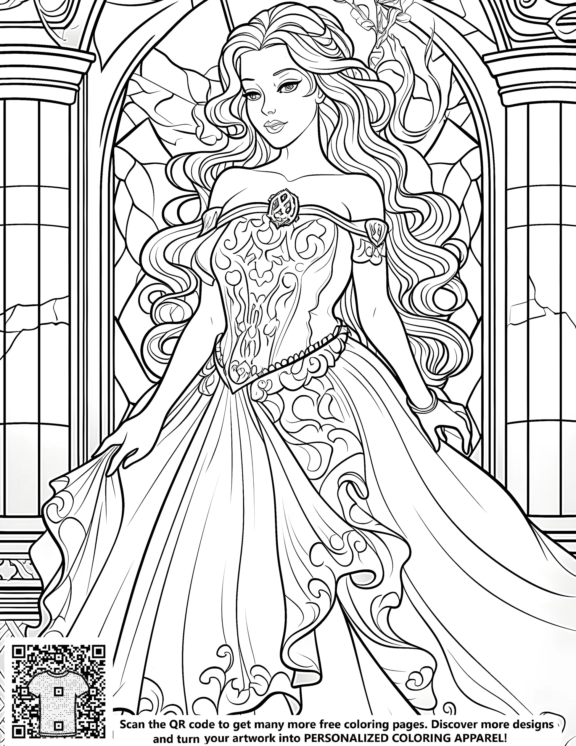 Princess coloring book page, free printable princess picture, elegant princess illustrations