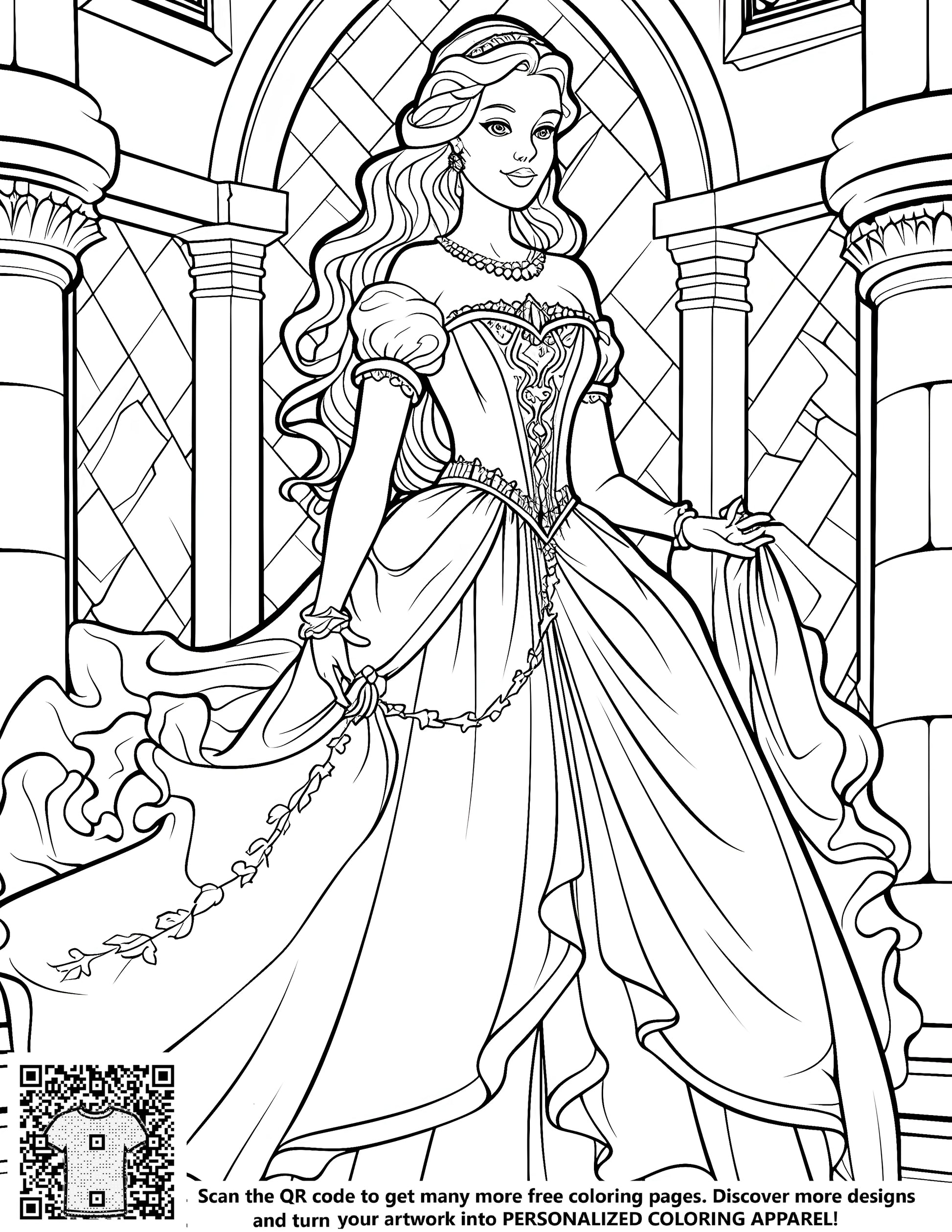 Coloring page of princess in palace setting, free printable art for kids
