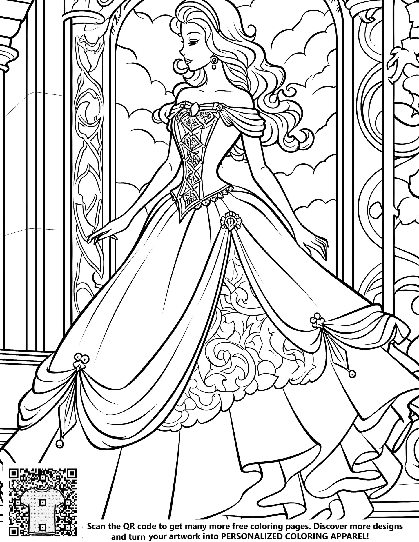 FREE Princess Coloring Page - Elegant Gown and Crown - Printable Download