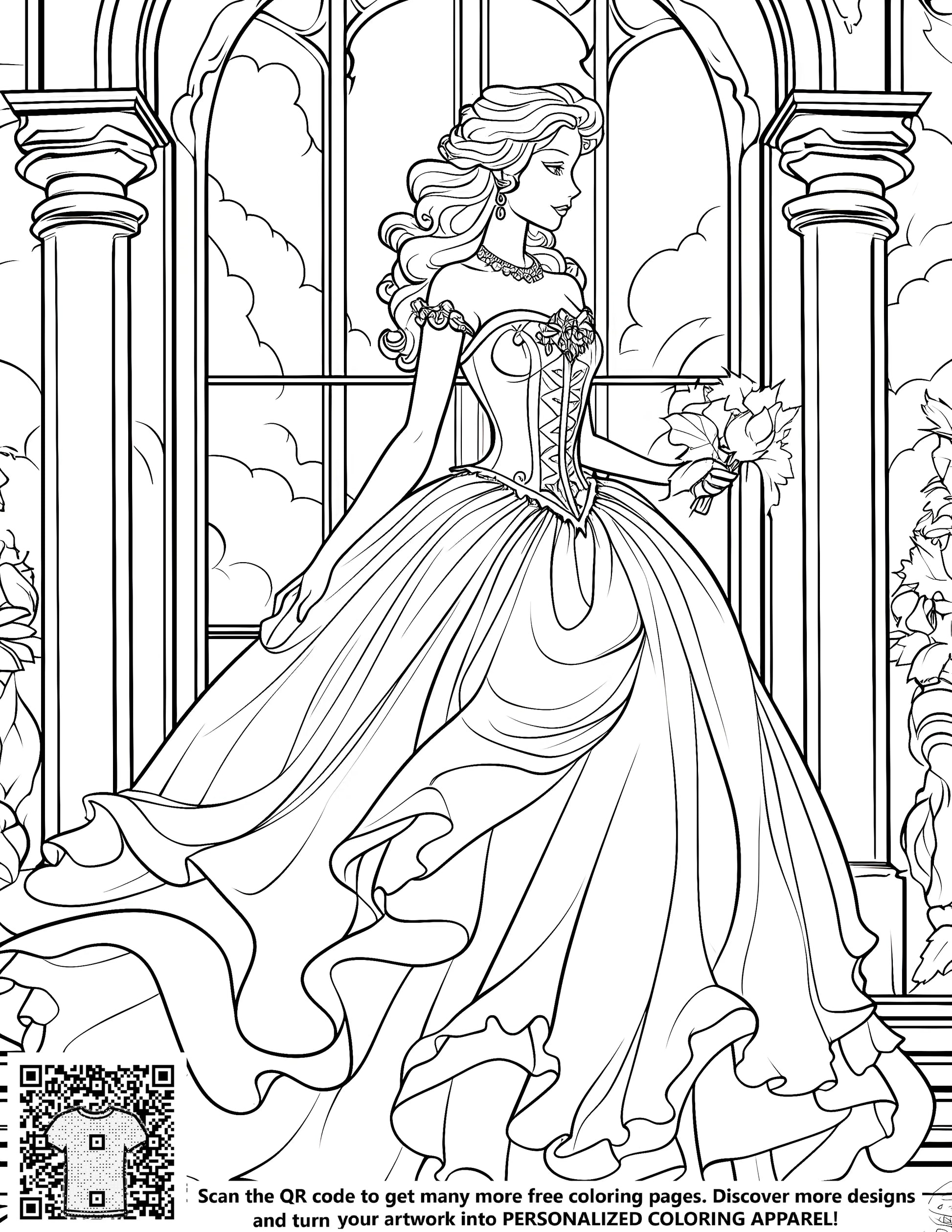 Detailed princess coloring page, free coloring castle scene, royalty girl art