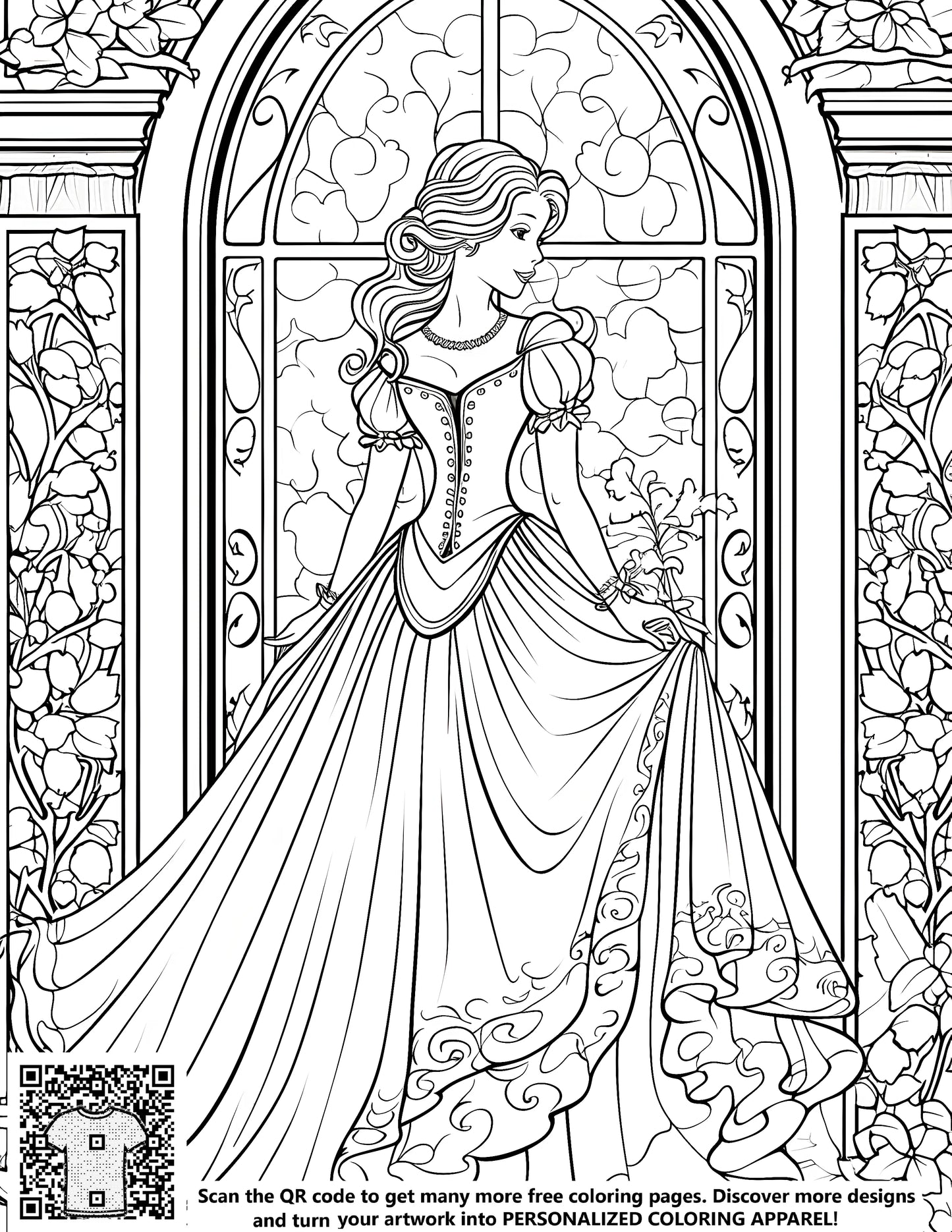 Coloring page of an elegant princess with free coloring pages and vibrant fabric markers