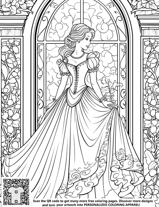 FREE Princess Coloring Page - Elegant Gown and Floral Window - Download NOW