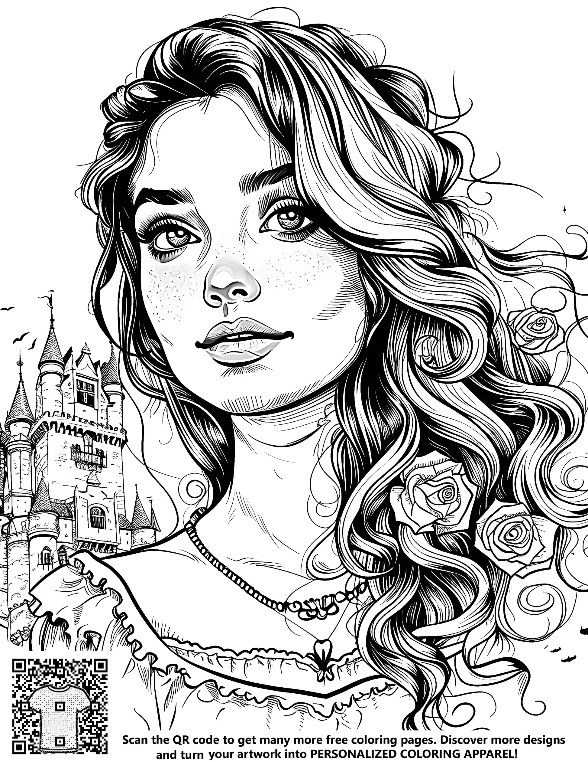 Free coloring page illustration of a princess with curly hair and roses in a medieval castle
