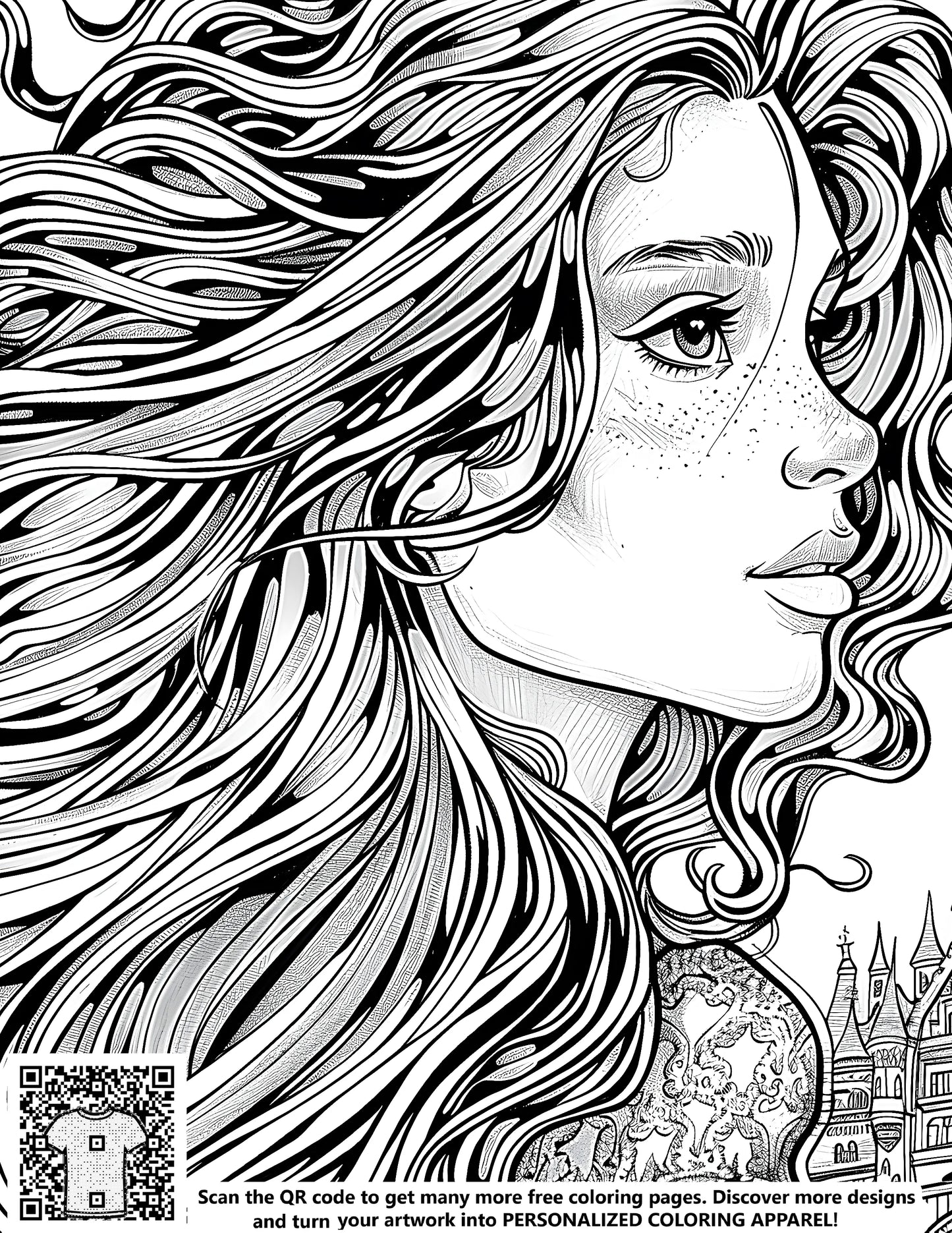Detailed princess coloring page with castle design, free printable art for kids