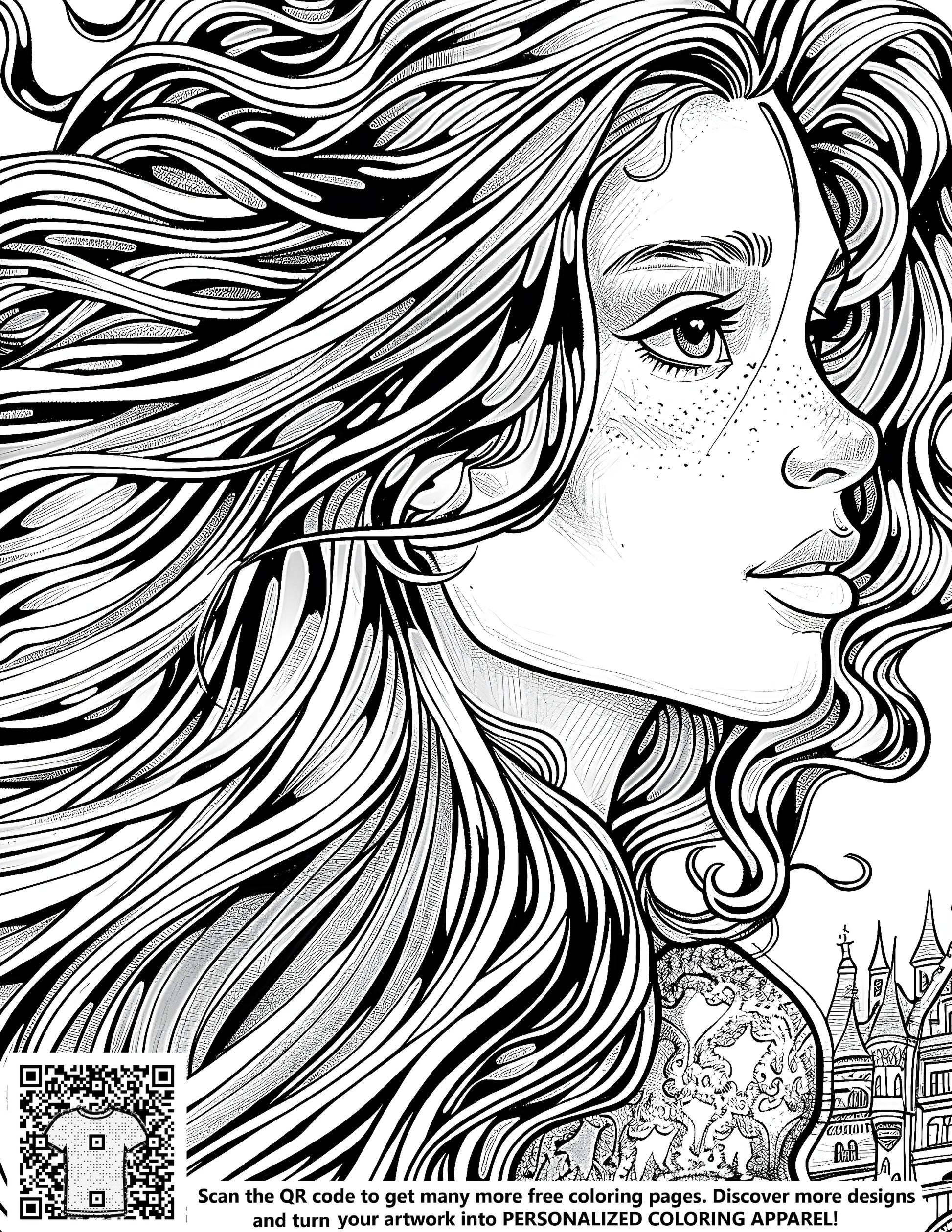Detailed princess coloring page with castle design, free printable art for kids