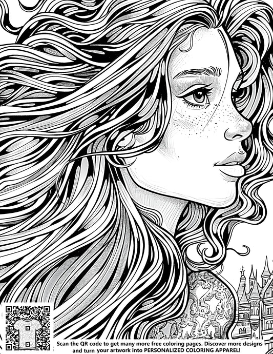 FREE Princess Coloring Page - Detailed Line Art with Castle Background - Download NOW