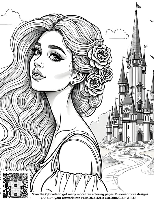 Stunning princess illustration with flowing hair adorned with roses poses before an enchanting castle background, free coloring page with fabric markers, royalty and medieval theme, girl's fantasy world