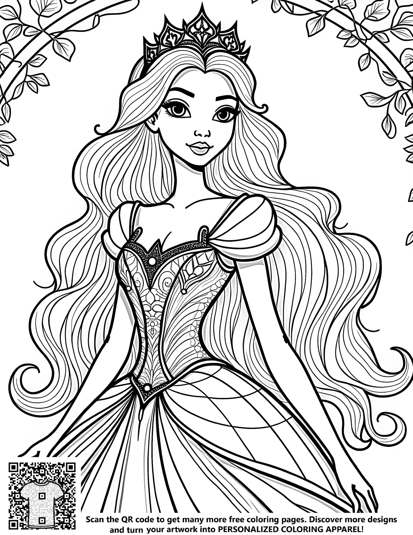 Coloring page of a princess in an ornate gown, royalty inspired design, free coloring kit with 10 fabric markers included