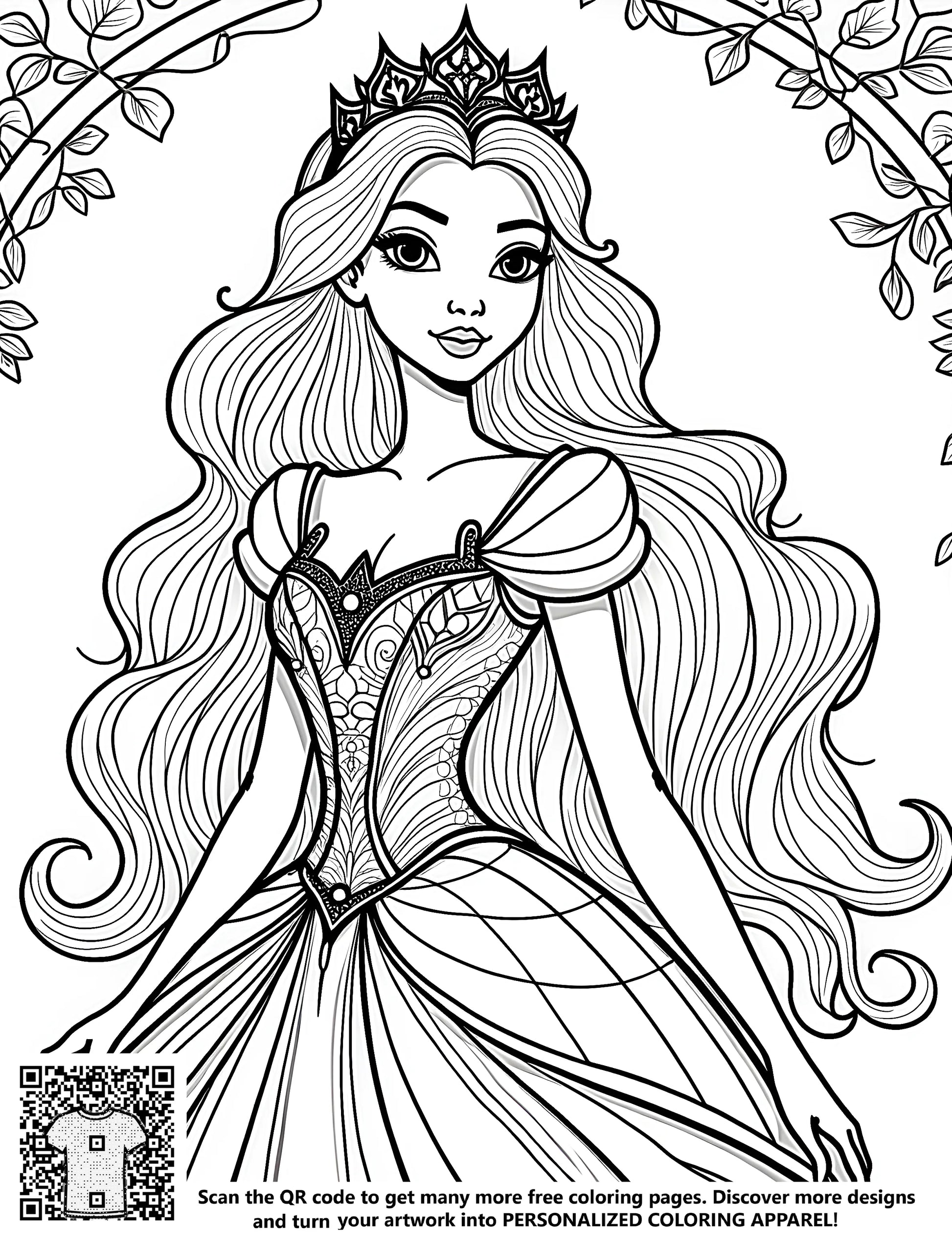 Coloring page of a princess in an ornate gown, royalty inspired design, free coloring kit with 10 fabric markers included