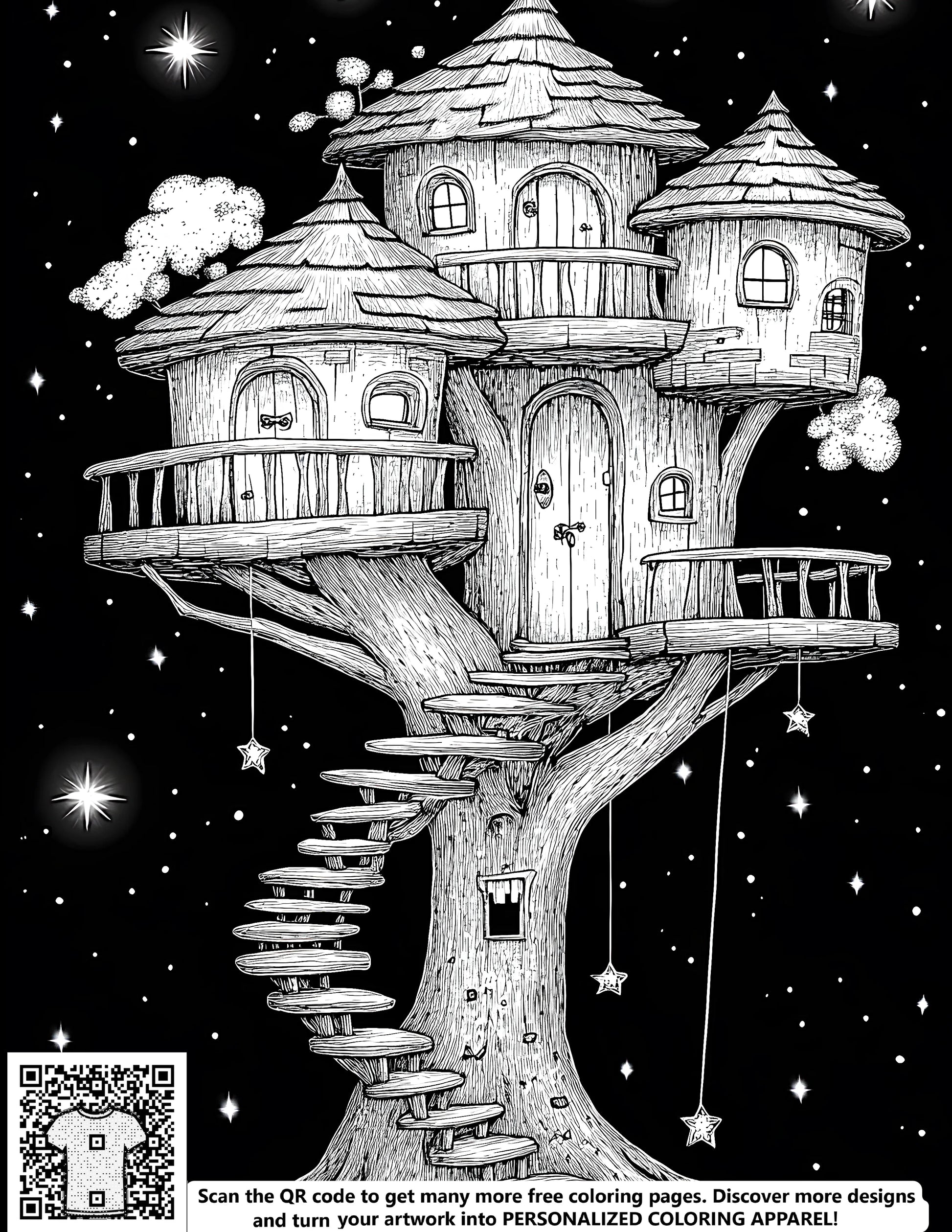 Whimsical treehouse scene coloring page, free printable, starry night sky, fantasy elements, intricate designs