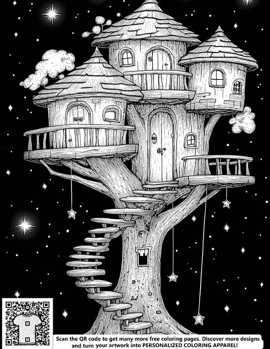 Whimsical treehouse scene coloring page, free printable, starry night sky, fantasy elements, intricate designs