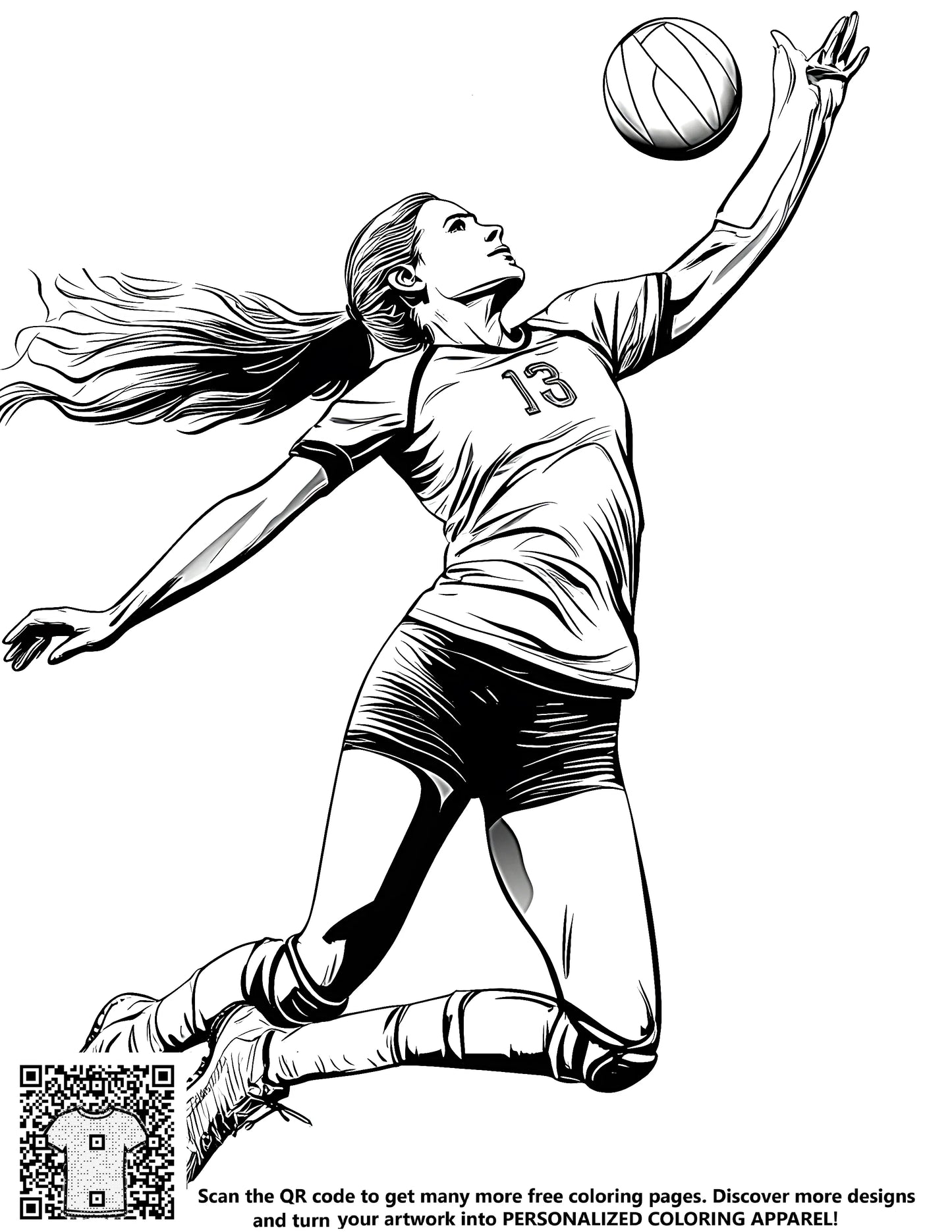 Illustration of a female volleyball player jumping in the air to hit the ball with her right hand. Free coloring page for kids and adults. Jumping in mid-air, athleticism, sporty pose. Action scene of a woman playing volleyball.