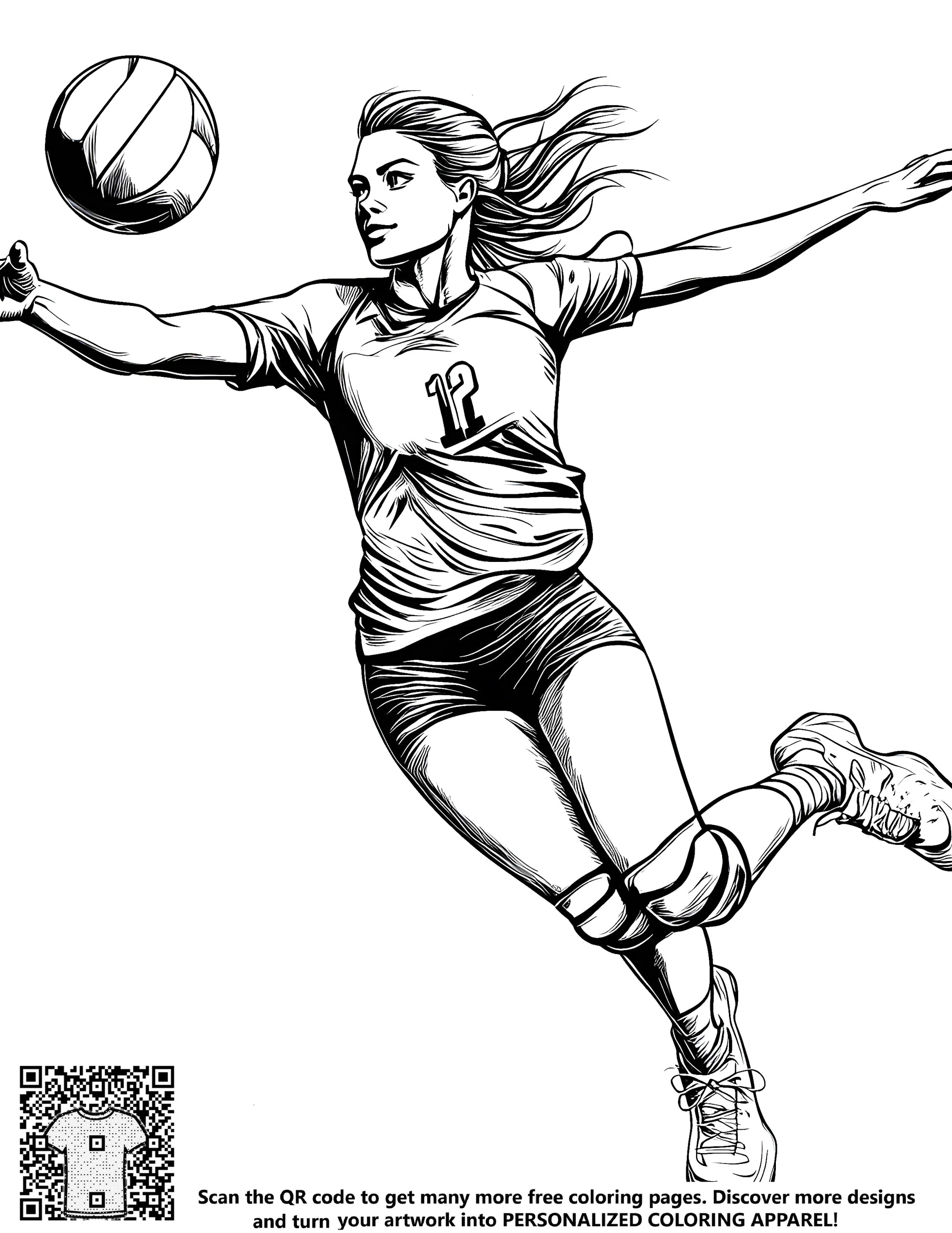 Free coloring page of a dynamic black-and-white illustration of a female volleyball player leaping to hit a ball, wearing jersey number 12, perfect for kids and adults alike. Includes fabric markers.