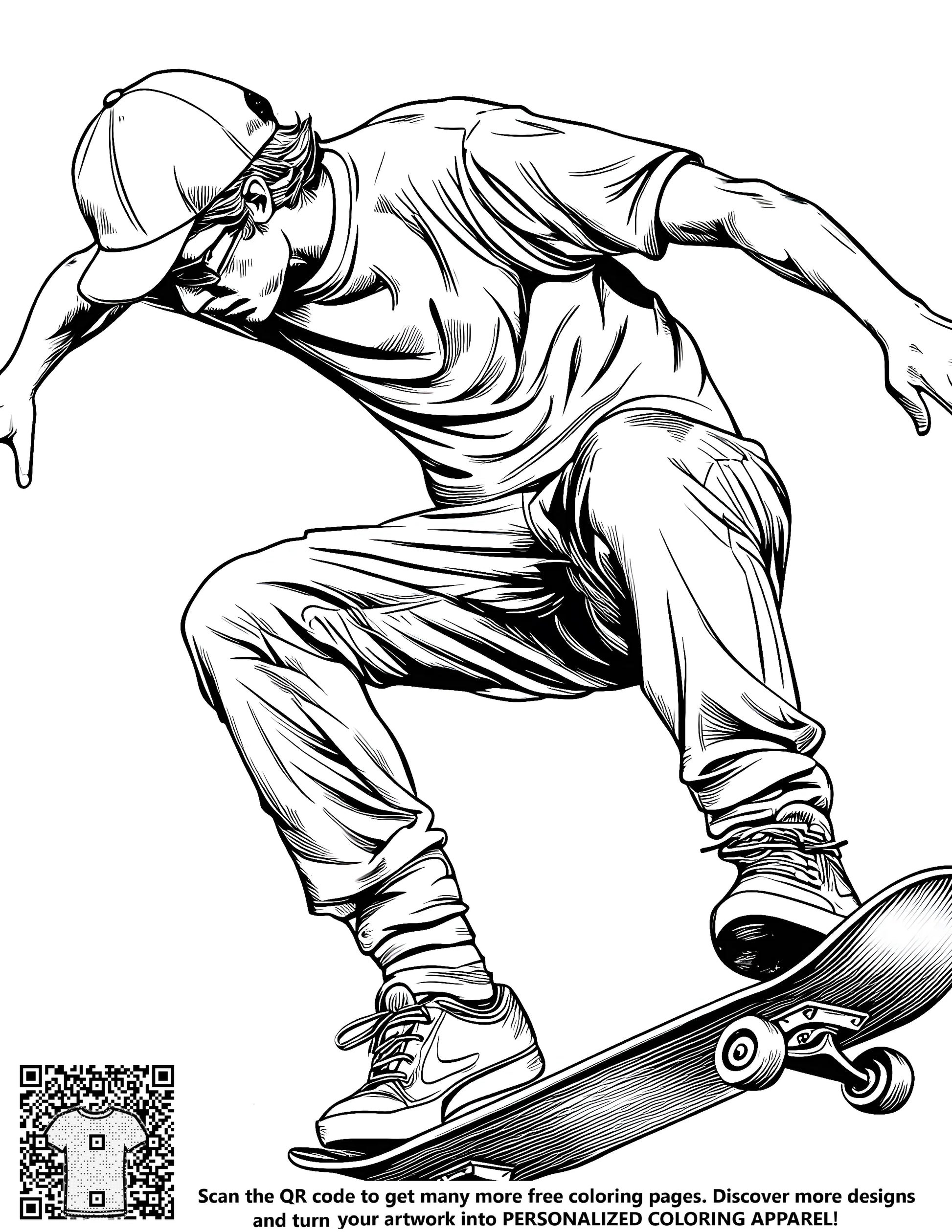 Coloring page art of a young boy doing tricks on a skateboard