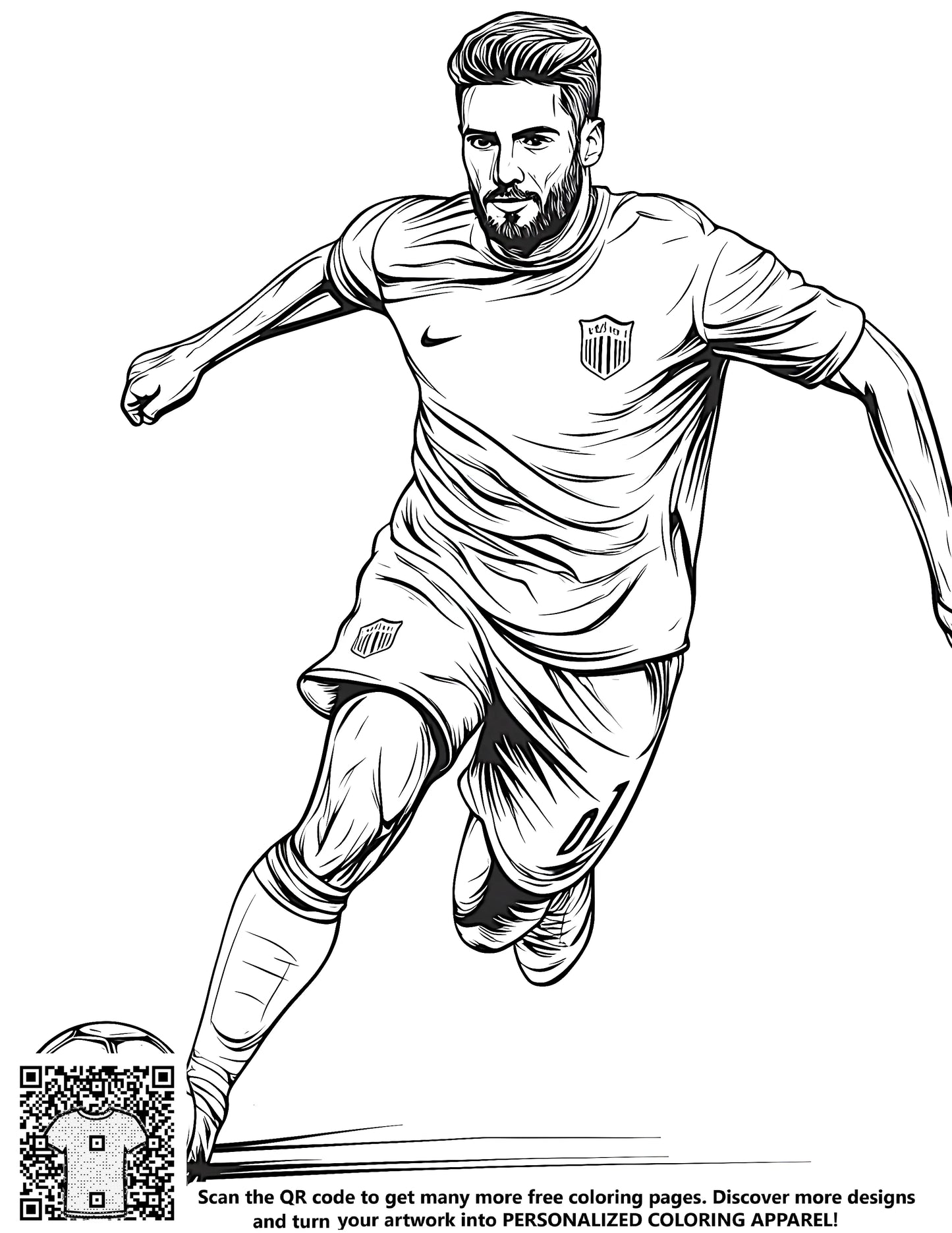 Free coloring page illustrations for kids of a line drawing male athlete playing soccer, kicking a football