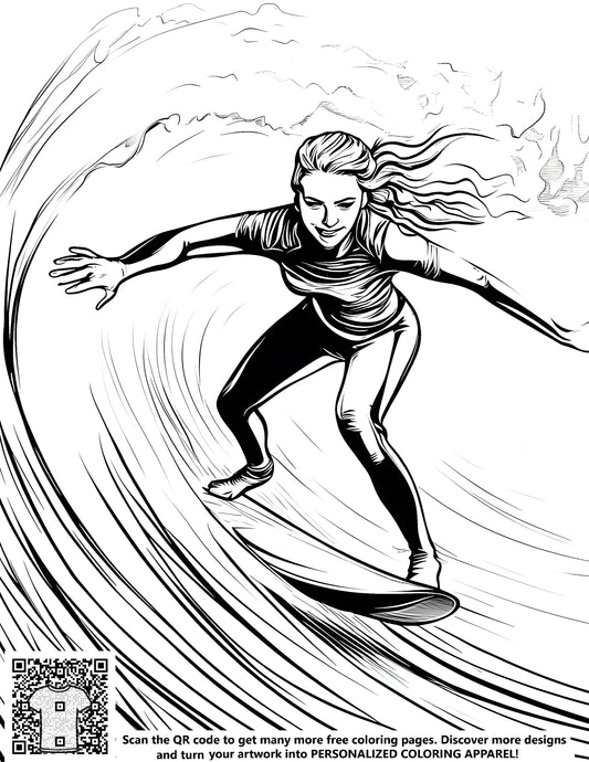 Free coloring page kit with surfing design, black and white line art illustration of surfer riding wave, perfect for coloring enthusiasts