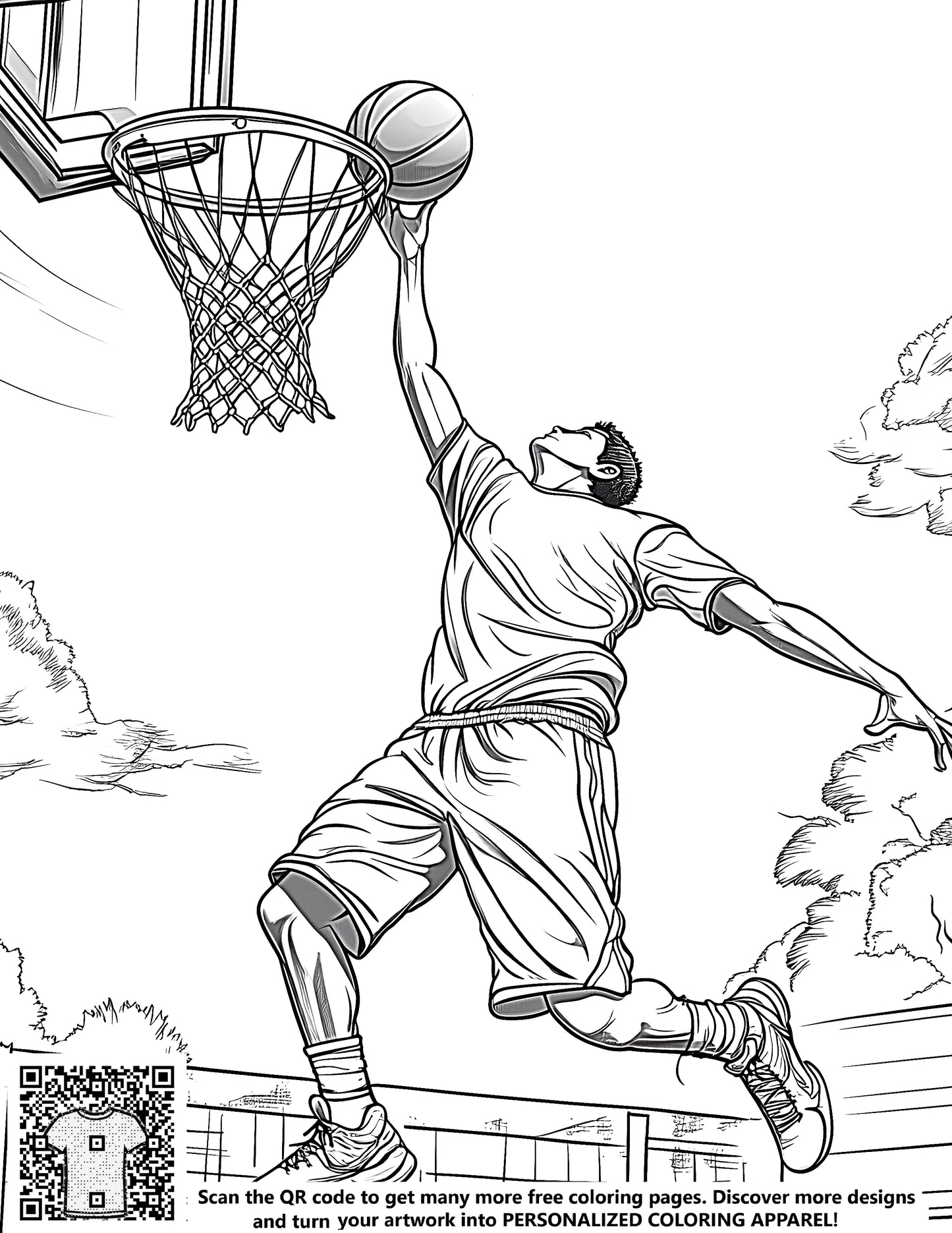 Basketball player dunking with trees in background - Free coloring page