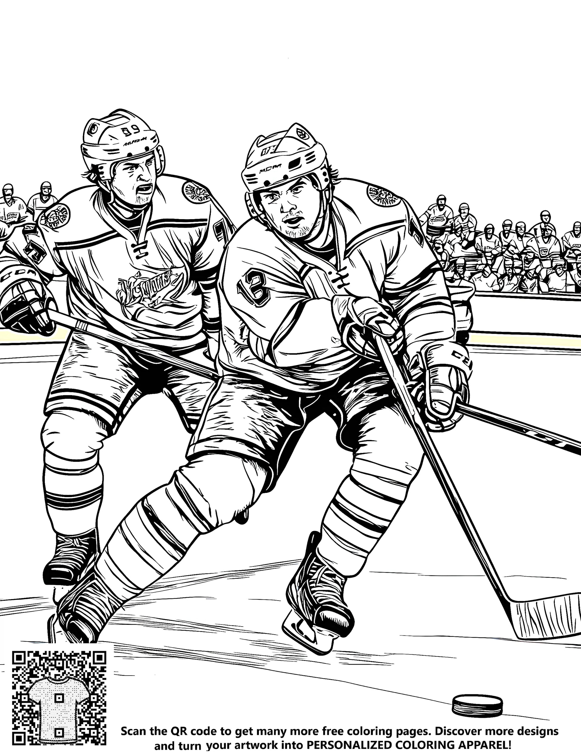 Free printable coloring page of two ice hockey players in action on the rink, surrounded by a cheering crowd. Perfect for fans of hockey and sports-themed art.