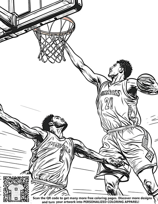 FREE Basketball Coloring Page - Printable Mid-Air Dunk Action Download