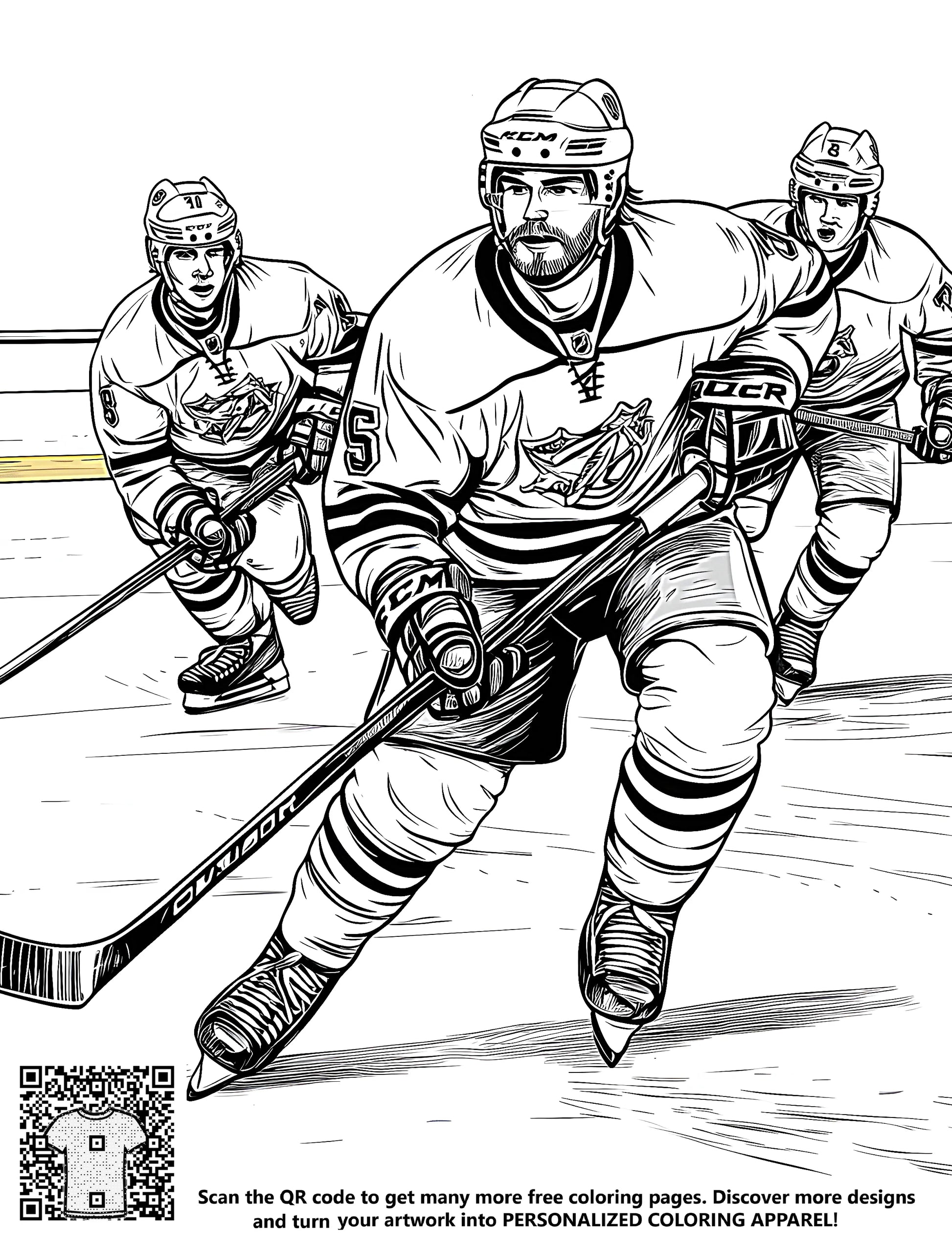 Coloring page of hockey players skating on ice rink, free coloring book