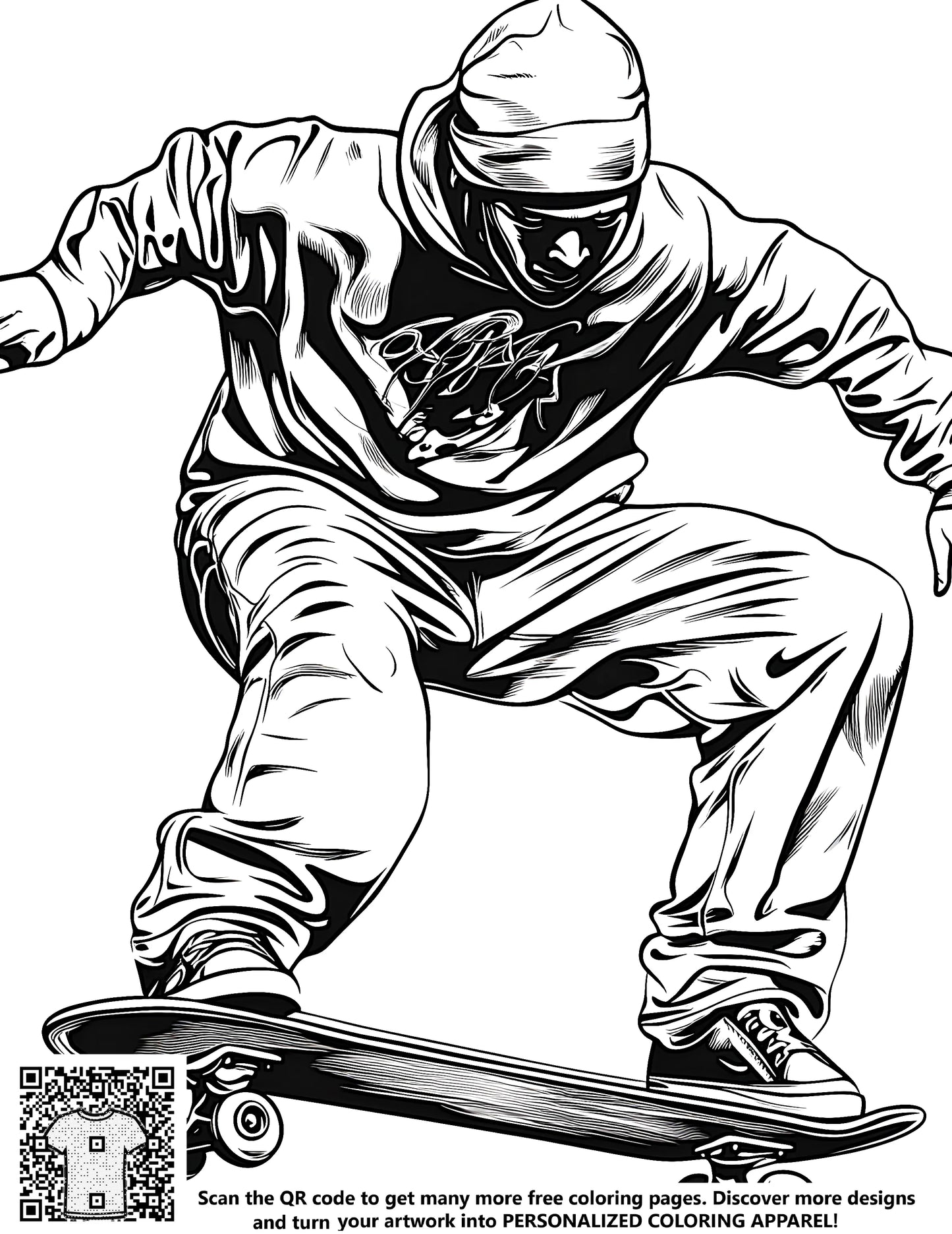 Free coloring page of skateboarder in action, performing tricks, urban street skateboarding, extreme sports, action packed art