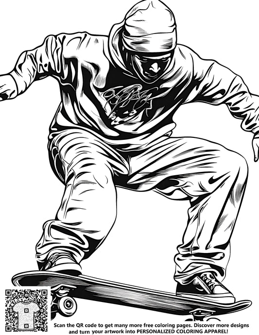 Free coloring page of skateboarder in action, performing tricks, urban street skateboarding, extreme sports, action packed art